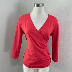 NEW Ann Taylor Womens Large Red Orange Wrap Style 3/4 Sleeve Top Stretch Shirt